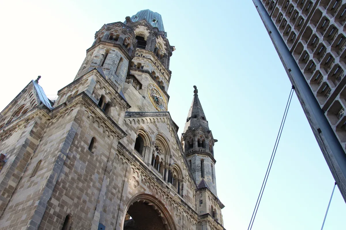 Bombed tower of the Kaiser Wilhelm Memorial Church in Berlin left as a WWII ruin