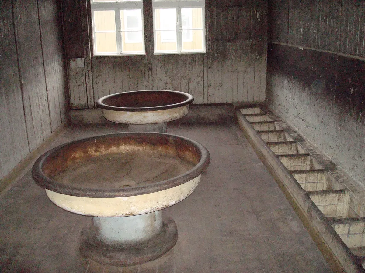 Barracks washroom at Sachsenhausen memorial seen on a tour from Berlin