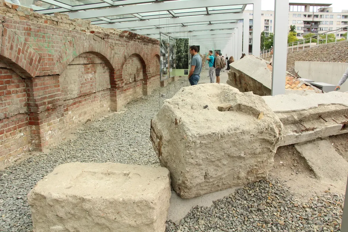 Outdoor exhibition at the Topography of Terror in Berlin with excavated Gestapo site walls